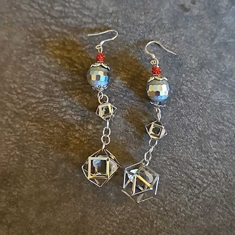 HANDMADE Extra Long Disco Cage Beaded Dangle Hook Earrings - Picture 2 of 3